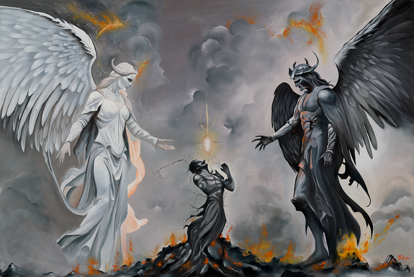 Humanity - oil painting of a kneeling figure reaching toward light between mirrored angelic and demonic figures on scorched ground, by Biljana Mancini
