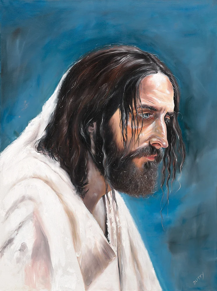Portrait of Christ - oil painting of Christ in near profile against deep blue, by Biljana Mancini