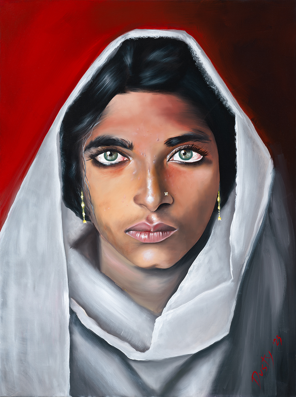 The Silent Struggle - oil painting of a veiled woman with pale green eyes before a red and black ground, by Biljana Mancini