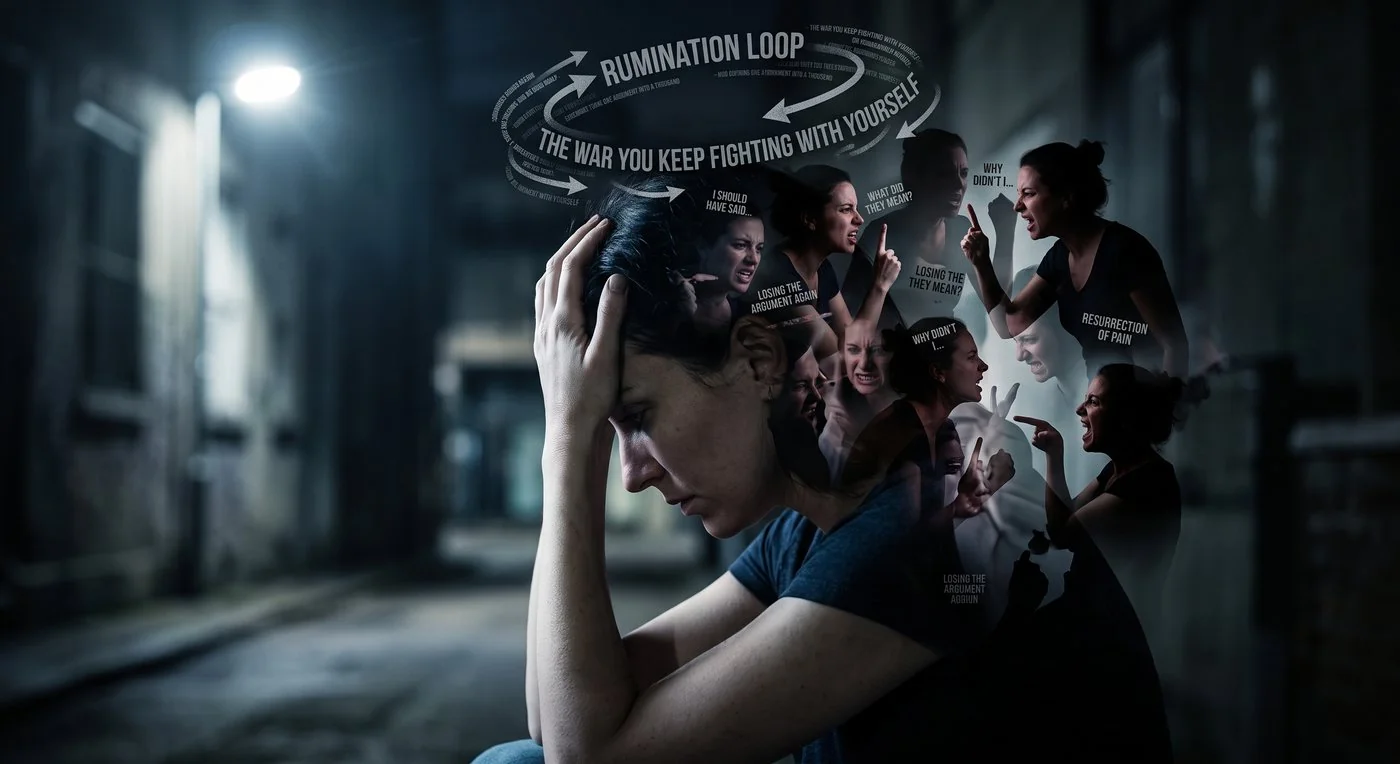 A person sitting with their head in their hands while ghostly repetitions of an argument loop around them, illustrating the effects of rumination on mental health
