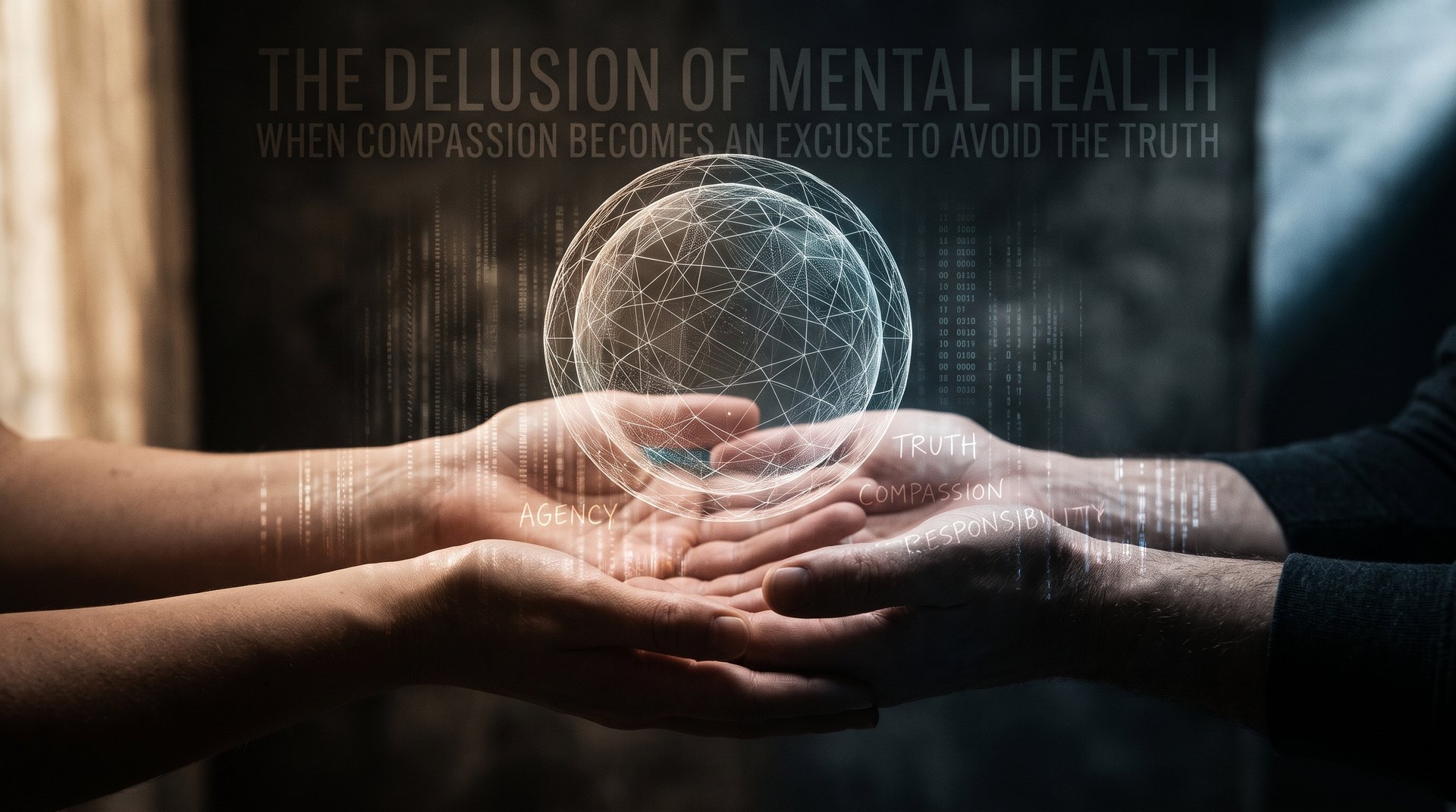 Two pairs of open hands cradle a glowing wireframe sphere labelled agency, truth, compassion and responsibility, beneath the title The Delusion of Mental Health